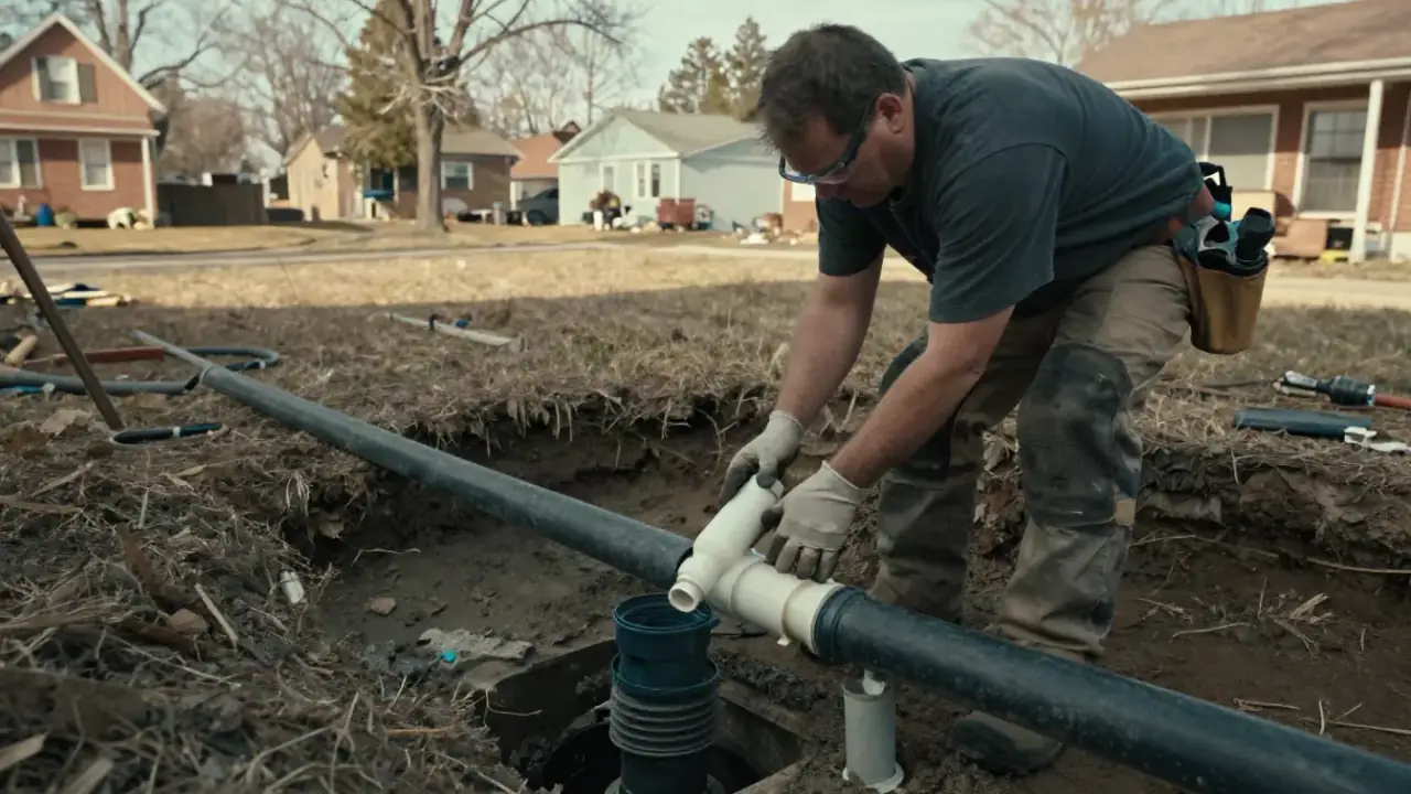 Check Valve Replacement in Grand Rapids: drainage technician applying PVC primer and cement to the ends of a new check valve