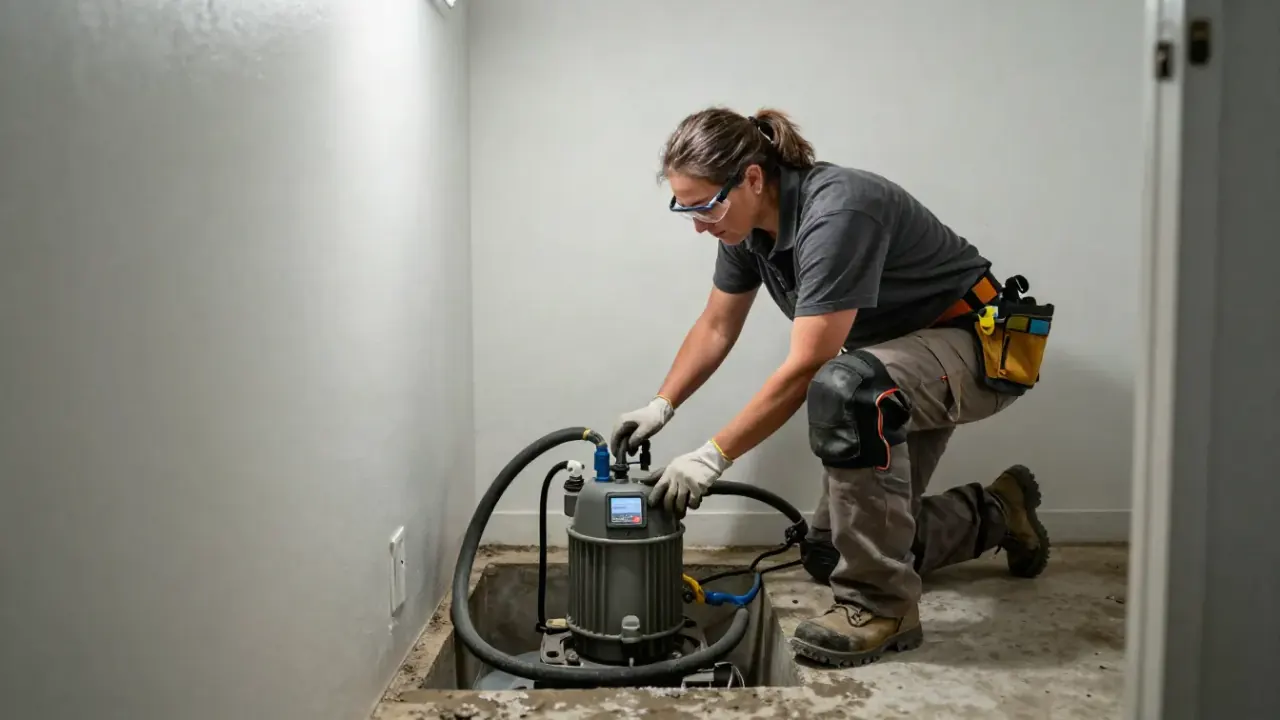 Sump Pump Repair in Grand Rapids: drainage technician inspecting a fully functional sump pump system, including the pump