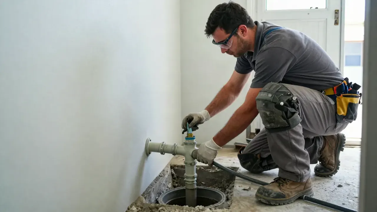 Sump Pump Installation in Grand Rapids: drainage technician connecting a check valve and a section of PVC pipe to the