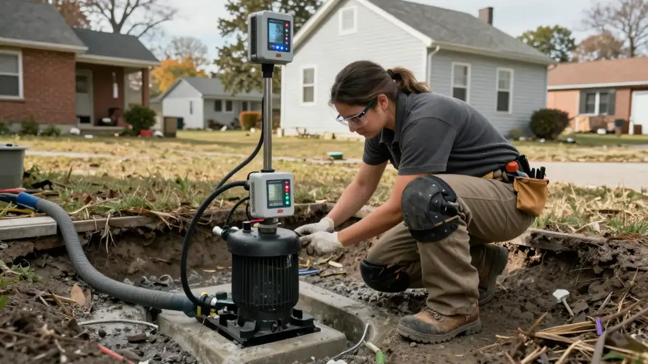 Sump Pump Maintenance in Grand Rapids: drainage technician testing the alarm system of a battery backup sump pump, pressing