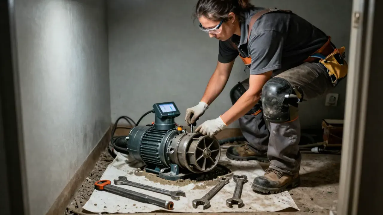 Sump Pump Repair in Grand Rapids: drainage technician replacing a damaged impeller on a partially disassembled sump pump