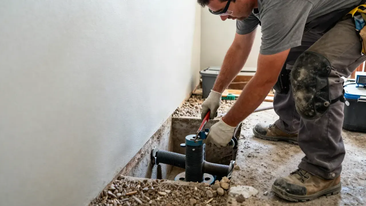 Waterproofing Services in Grand Rapids: drainage technician installing sections of an interior drain tile system along the